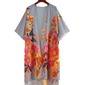 Beach Cover up for Women Floral Print Short Sleeve Plus Size Open Front